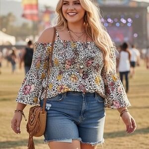 Torrid Floral Leopard Smocked Cold Shoulder Top Boho Festival Bell Sleeve Size 3